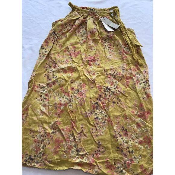 NWT Bellambra Pure 100% Linen Bow Dress Mustard Yellow Pink Floral Boho Sz XS - Picture 1 of 10